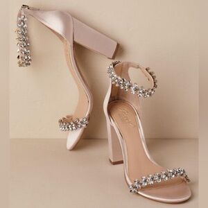 Jewel Badgley Mischka Mayra, Satin Crystal Ankle-Strap Evening Shoes- Champagne